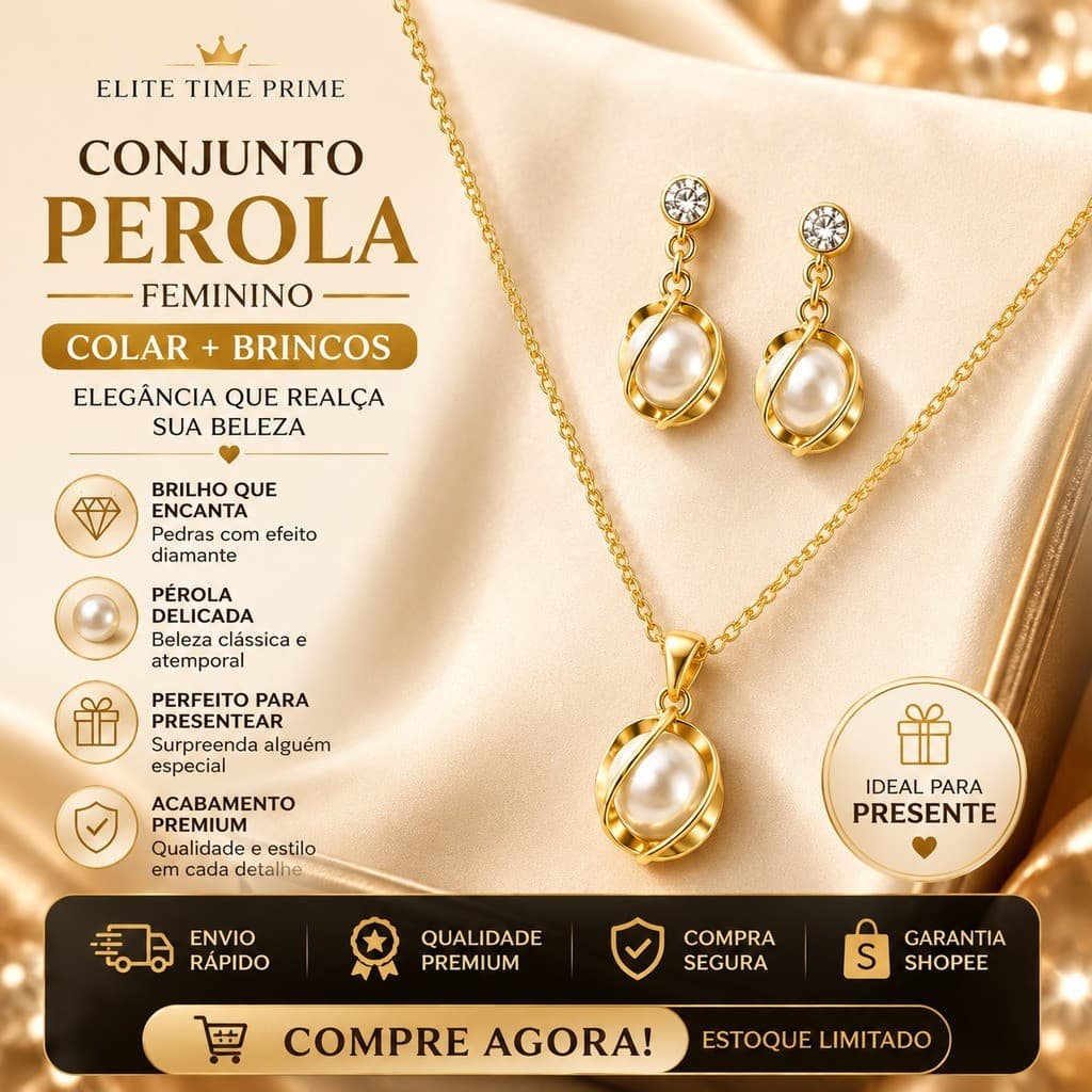 Conjunto Colar e Brinco com Pingente de Pérola Feminino Folheado Luxo Presente