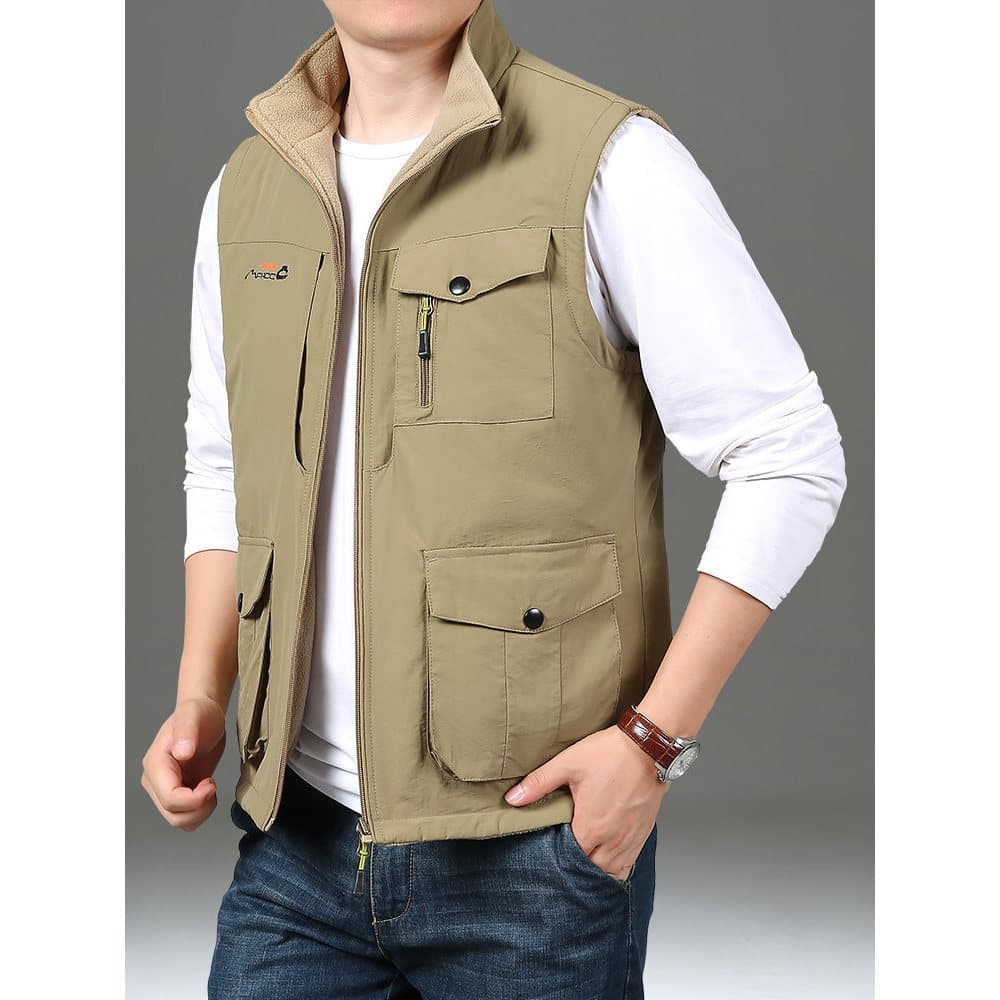 Colete de dois lados masculino inverno Casual solto colete de lã quente colete de carga Multi-saco