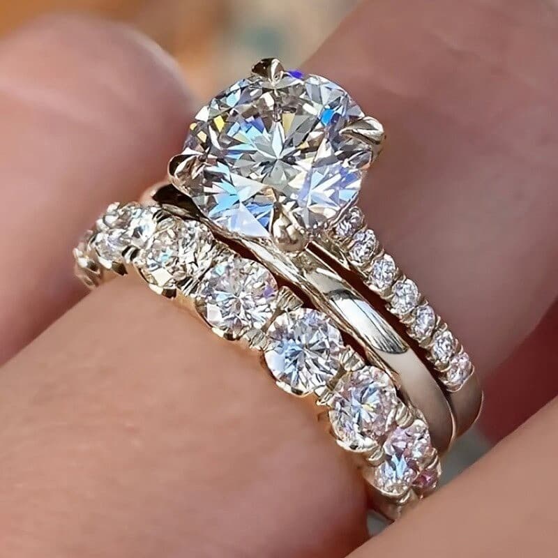 Conjunto de 3 peças de anéis simples em prata esterlina com zircônia, joia de moda, presente de casamento para mulheres