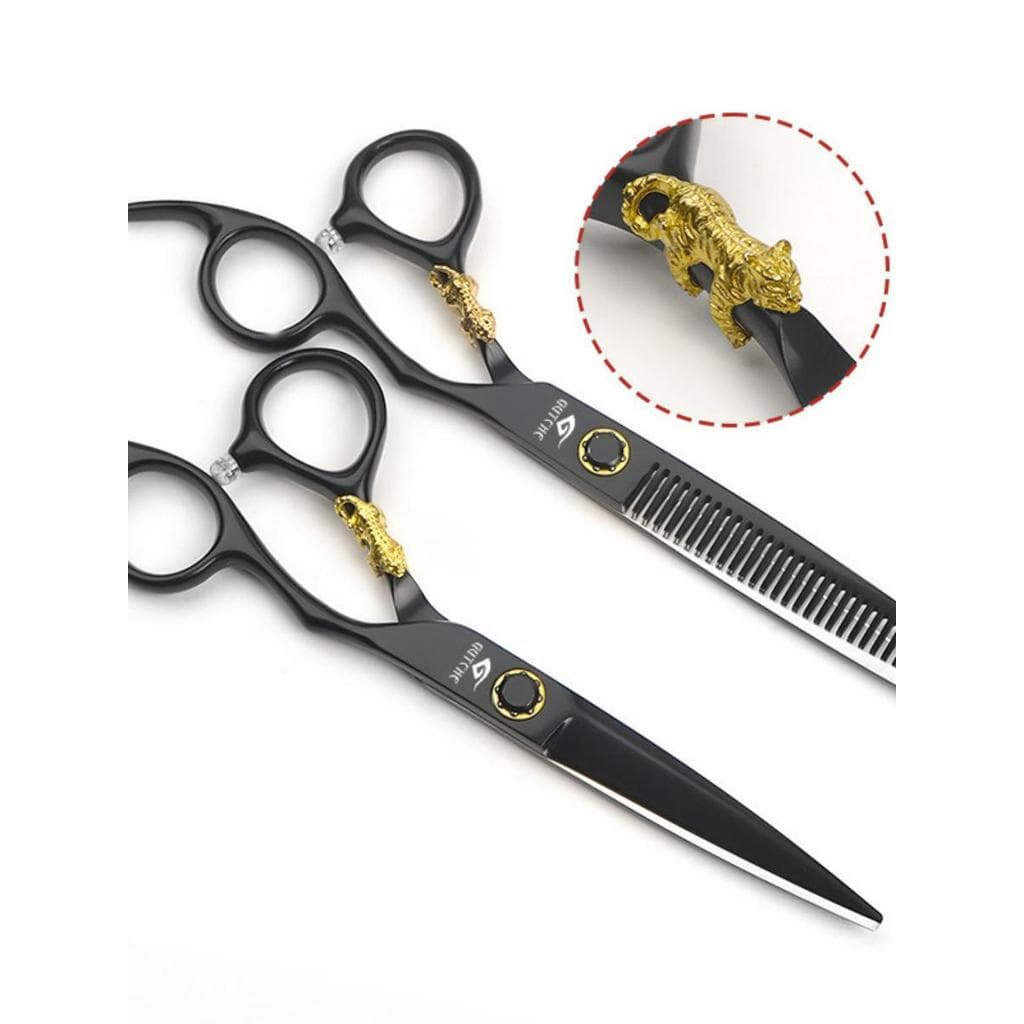 Tesoura de desbaste preto dourado tigre cabeleireiro corte plano dentes corte franja tesoura profissional corte de cabel