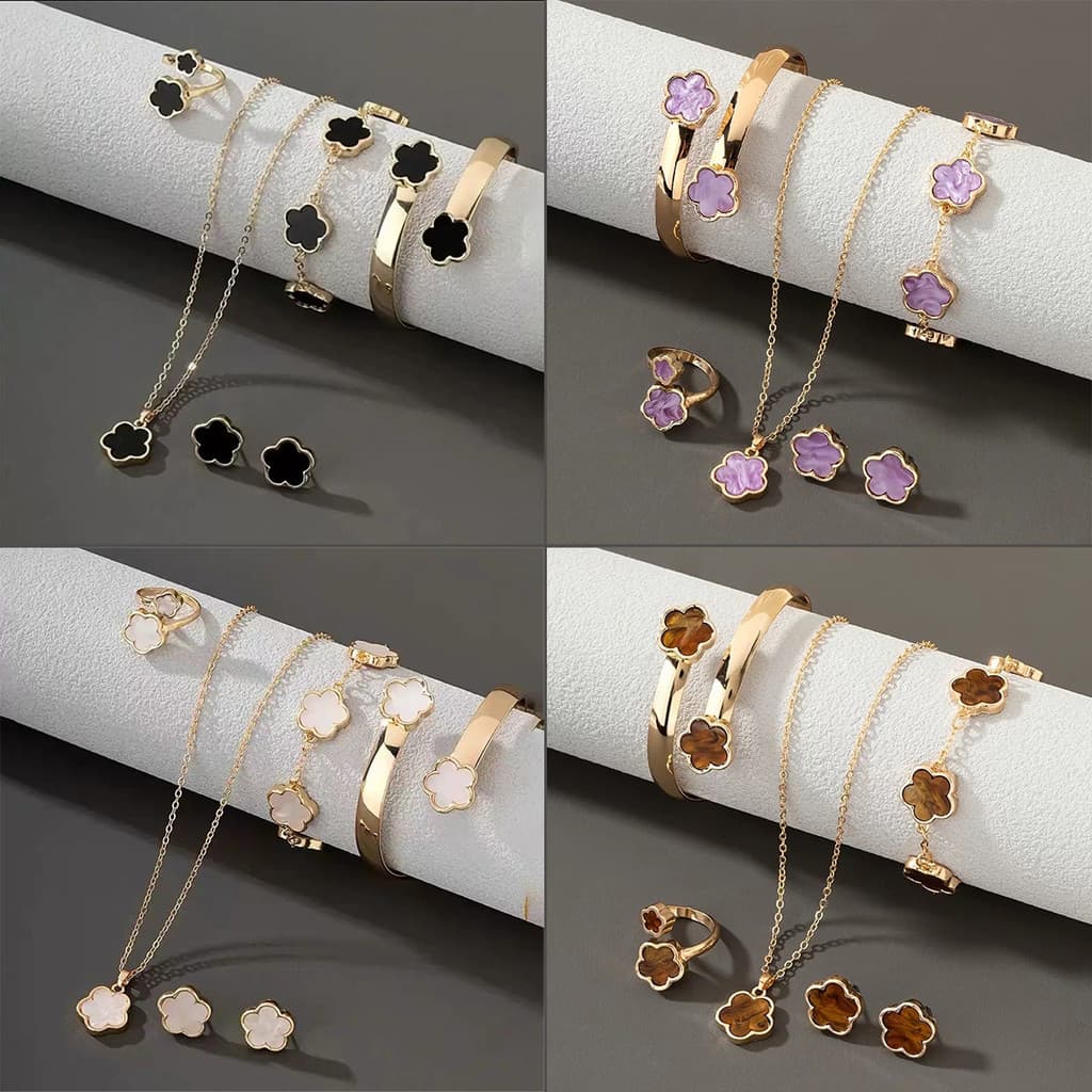 Conjunto de joias requintado KIT5, composto por colar, pulseira, bracelete, brincos e anel.(roxo)