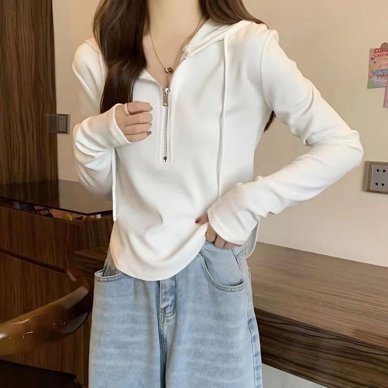 Nicho ins estilo com capuz de manga comprida camiseta feminina novo estilo versão coreana moletom com zíper Design curto