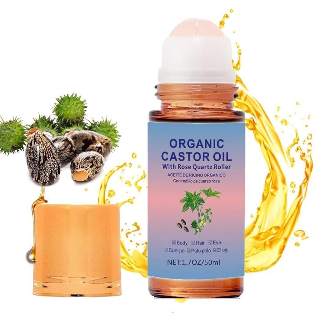 Óleo de Rícino Orgânico com Rolo de Quartzo Rosa, Óleo de Rícino Dourado Orgânico Roll-On 1.7OZ para Todos os Tipos de P