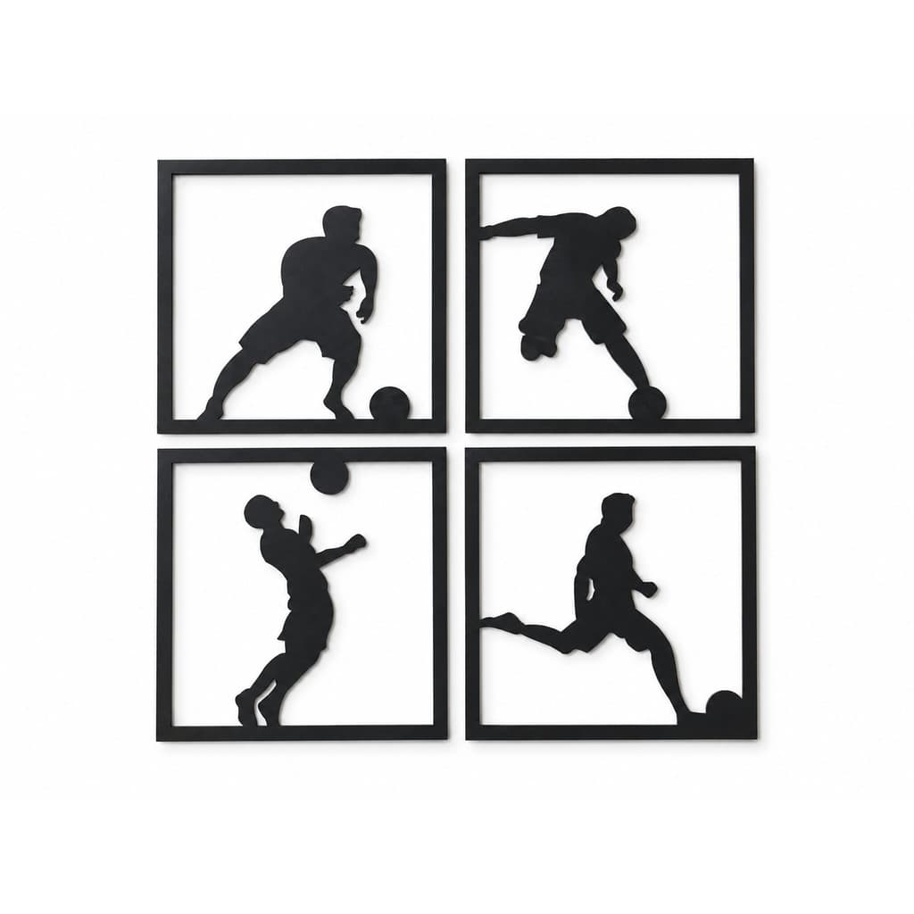 Quadros Decorativos Futebol Kit 4 Peças MDF Preto 3mm Para Parede Quarto Sala Gamer Esportivo Moderno Decoração