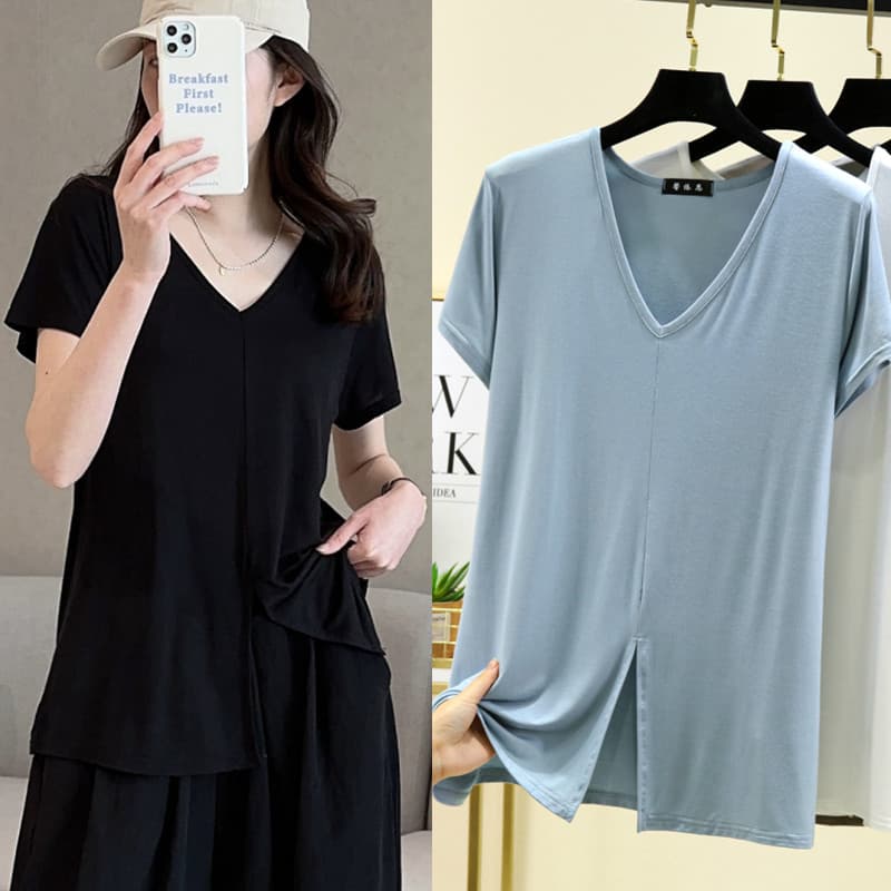 Primavera verão versão coreana estilo fino Modal topo com decote em V fenda frontal de manga curta camiseta feminina nov