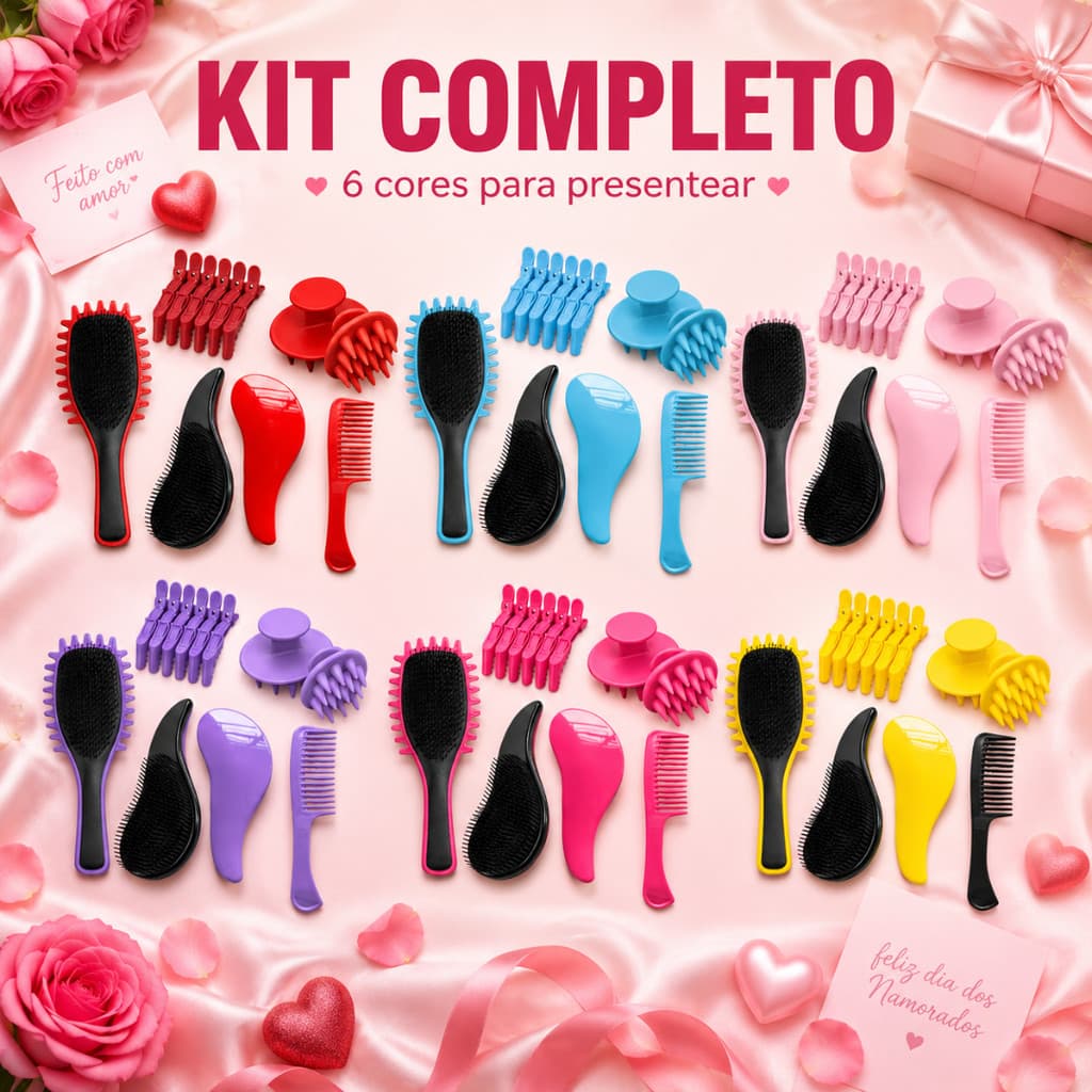 Kit Amor & Cuidado Escovas Onda Pente Presilhas Massageador Capilar Presente Dia dos Namorados