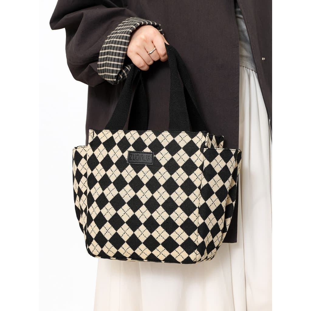 Bolsa feminina bolsa de lona de grande capacidade padrão diamante Casual simples saco preto branco verificado saco borda