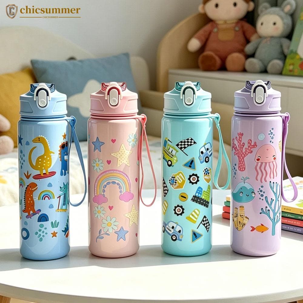 CHICSUMMER Grande Capacidade Padrão Dos Desenhos Animados Garrafa De Água Com Palha À Prova De Vazamento Portátil Plásti