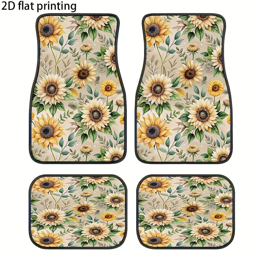 JIT, 4 peças de tapetes para pés de carro, padrões de flores de girassol e folhas verdes, tapetes universais de carro, r