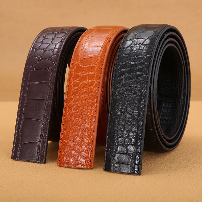 Cinto masculino com padrão de crocodilo, cinto automático sem fivela, cinto automático para jovens, cinto de couro liso