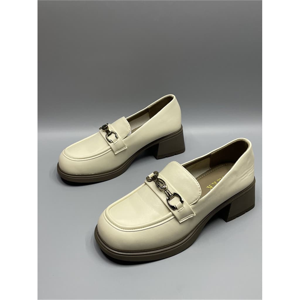 Armário-retirando sapatos femininos de couro de grão de ovelha boca rasa salto grosso saia combinando Retro pequenos sap