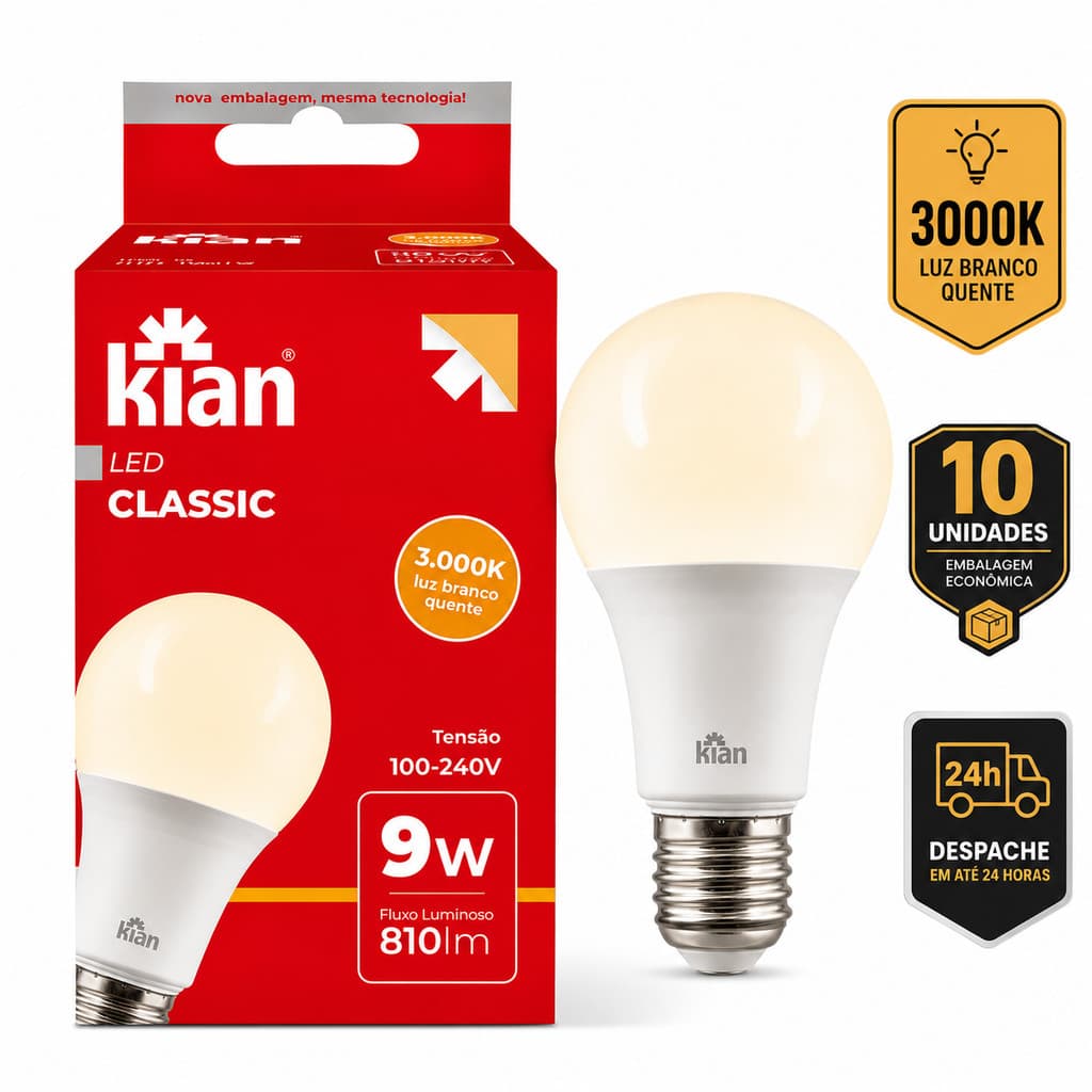 Kit 5 /10 /20  Lâmpadas LED Kian 9W Luz Amarela 3000k Bivolt Alta Potência Com Bocal E27 Bulbo