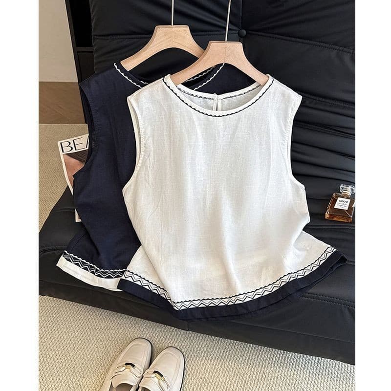 Estilo coreano Design sentido requintado bordado algodão linho camisola feminina verão pequena cor sólida redução de ida