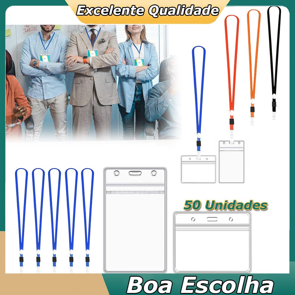 50 Unidades Porta-crachá de PVC Capas para cartões de identificação Suporte de Crachá Horizontal/Verticalcom cordões
