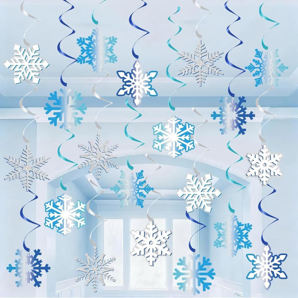 Decorações de Natal com Flocos de Neve Pendentes no Teto (30 Peças Totalmente Montadas) Flocos de Neve Azuis Pendentes D