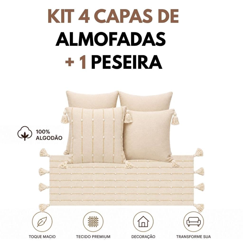 Kit 4 Capa  Almofadas + Peseira Lona Panamá Cru Dourada Luxo Decoração Interna Externa Cama Sala Quarto Sofá