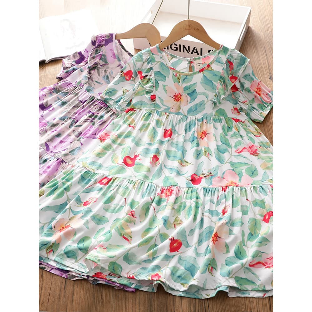 Meninas algodão vestido de seda algodão humano plissado bolo saia crianças Floral fino de manga curta verão novo estilo