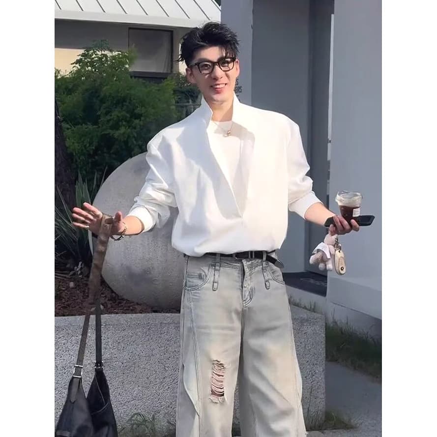 Francês gola alta camisa branca masculina falso de duas peças em camadas solta blusa de manga comprida profundo v Design