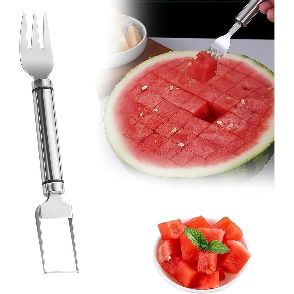Cortador de Frutas 2 em 1 de Aço Inoxidável, Garfo Cortador de Melancia, Ferramenta de Corte, Garfo Cortador de Melancia