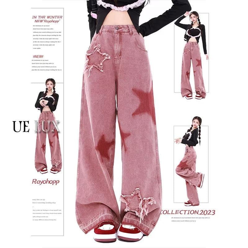 Jeans Soltos De Cintura Alta Com Pentagrama Rosa-Casual Feminino