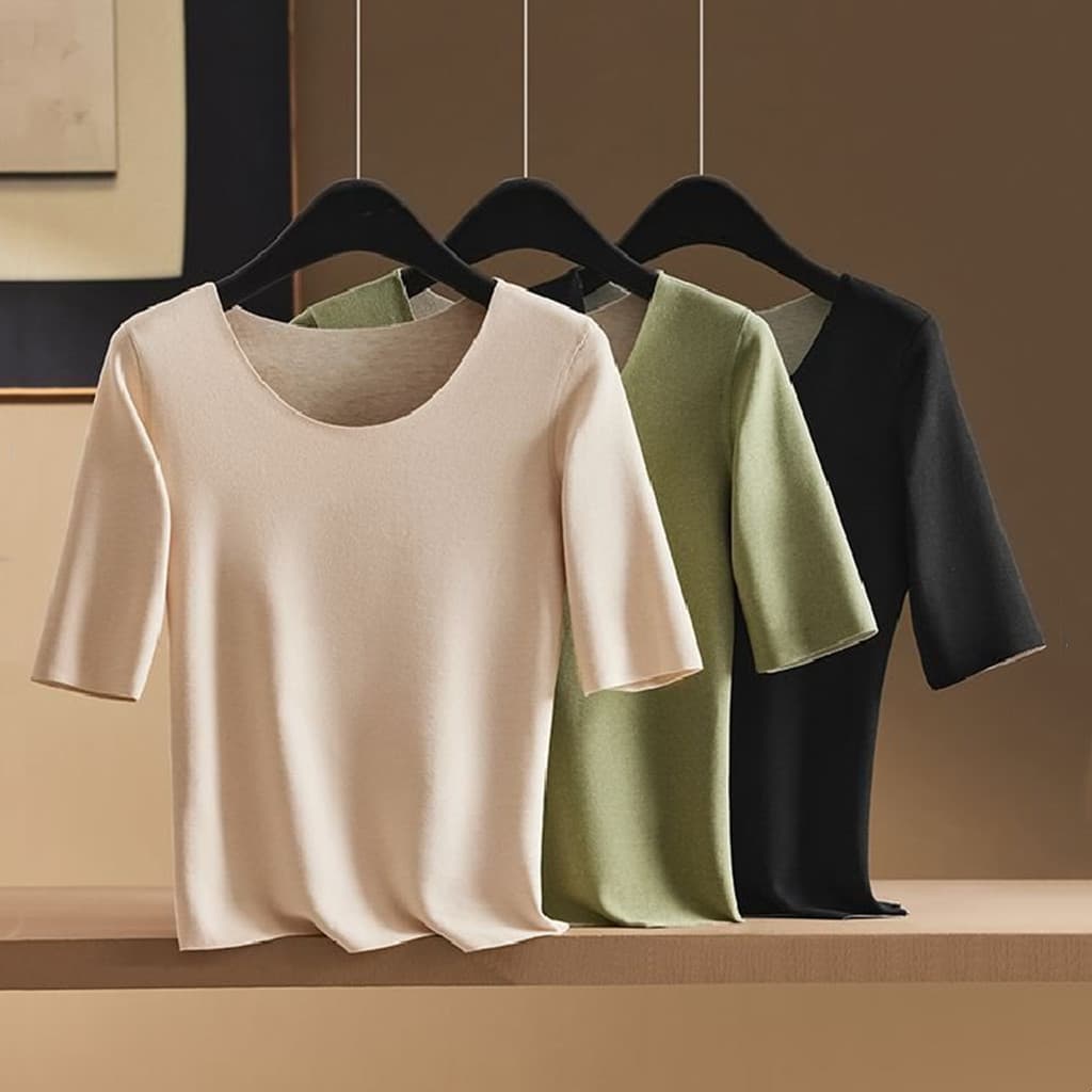 Outono inverno meia manga curta camiseta feminina sem costura camisa de fundo interno de manga média velo roupa interior