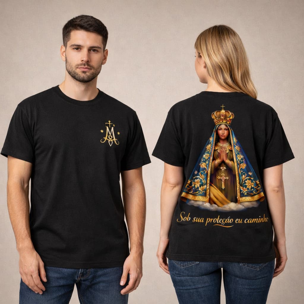 🖤 Camiseta Nossa Senhora Aparecida – Sob Sua Proteção Eu Caminho