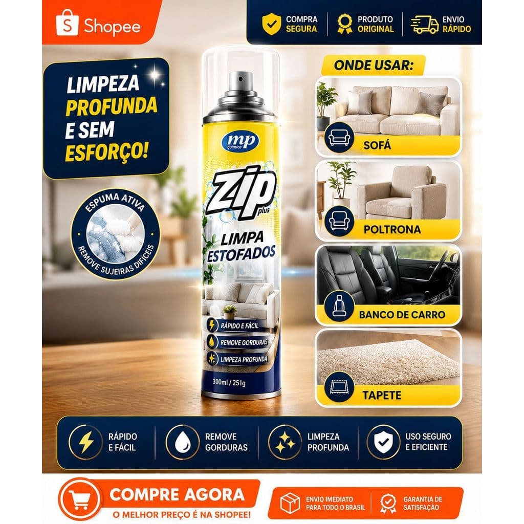 Espuma Spray Zip Clean 300ml Limpa a Seco Sofá, Estofado, Banco de Carro Limpeza Profunda