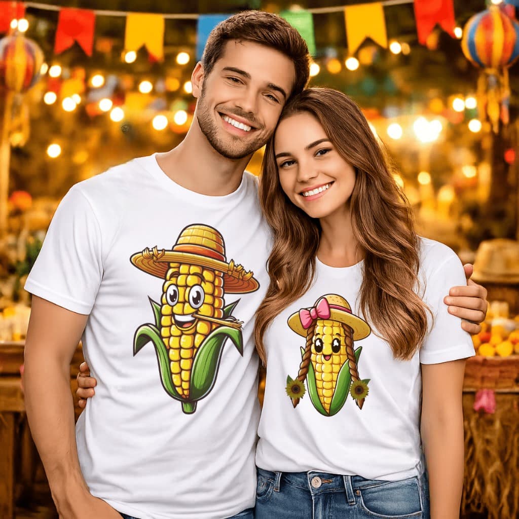 Kit Conjunto Camisa Camiseta Casal Desenho Espiga De Milho Fofo Festa Junina Caipira 100% Algodão