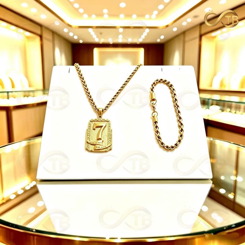 TB Feminino Unisex colar + pulseira conjunto 7 pingente 18K ouro hip hop luxo premium