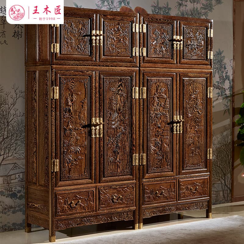 Wang carpinteiro mogno caixa de telhado armário grande guarda-roupa Wenge madeira maciça quarto armário 4 portas grande