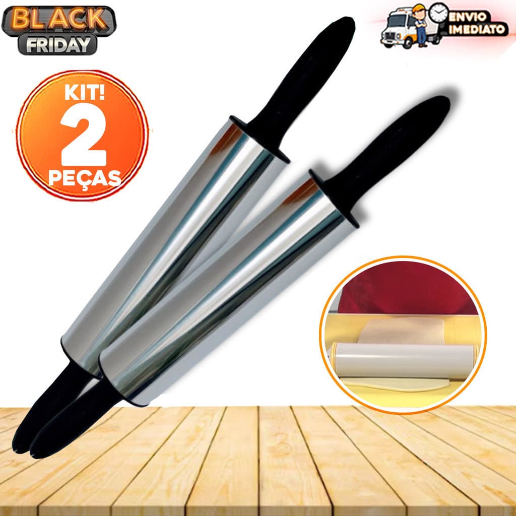Kit 2 Rolos de Massa 37cm Para Pizza, Pão, Macarrão, Pau de Macarrão De Inox Leve, Resistente e Premium