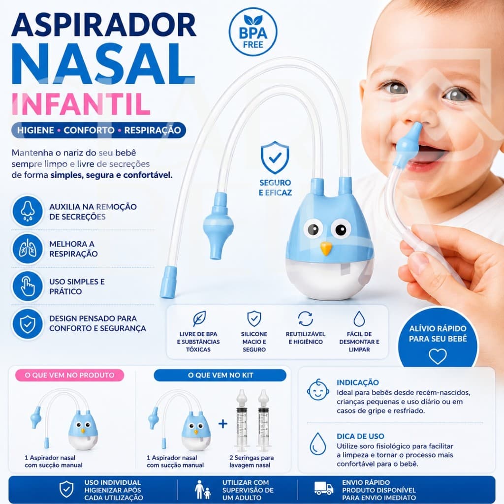 Aspirador Nasal Infantil Silicone BPA Free Removedor de Secreção Lavagem Nariz Bebê Reutilizável