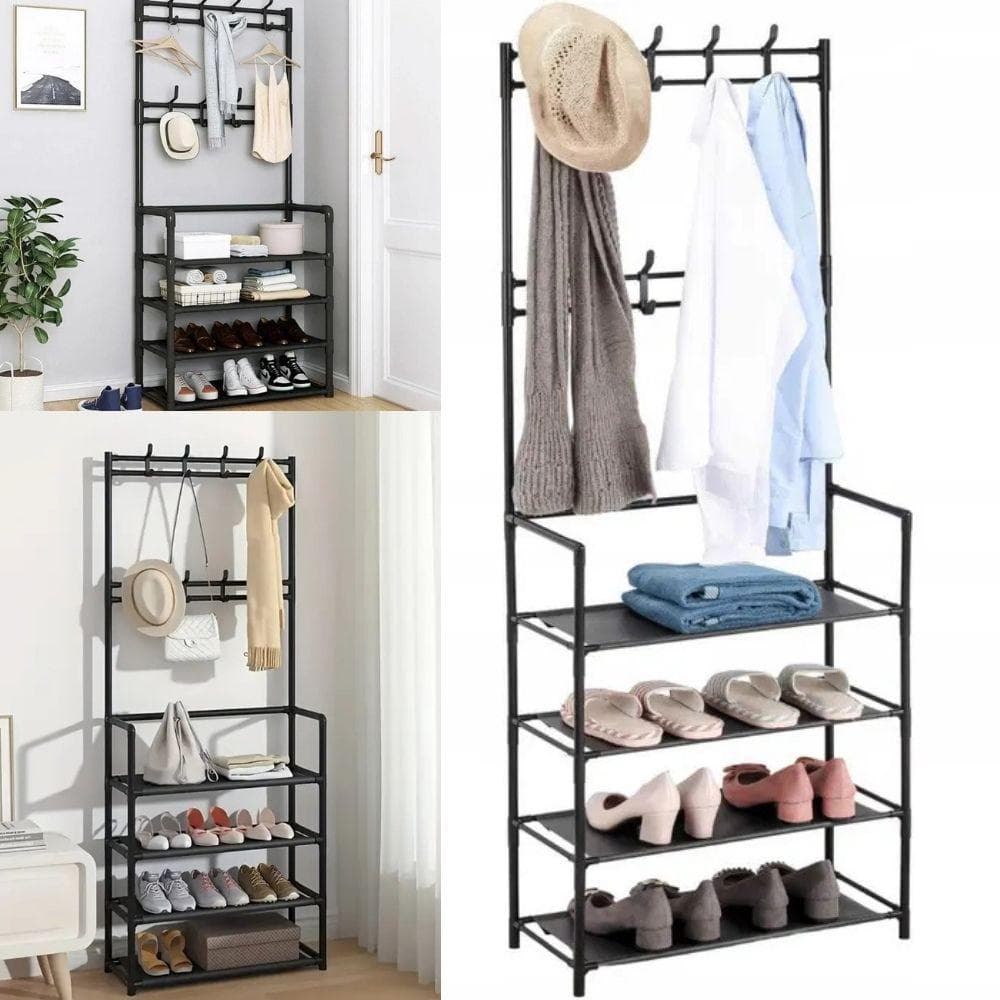 ORGANIZADOR ROUPAS SAPATOS CABIDEIRO SAPATEIRA MULTIFUNCIONAL 4 PRATELEIRAS RACK PORTA TRECO BRINQUEDOS ARARA 8 GANCHOS