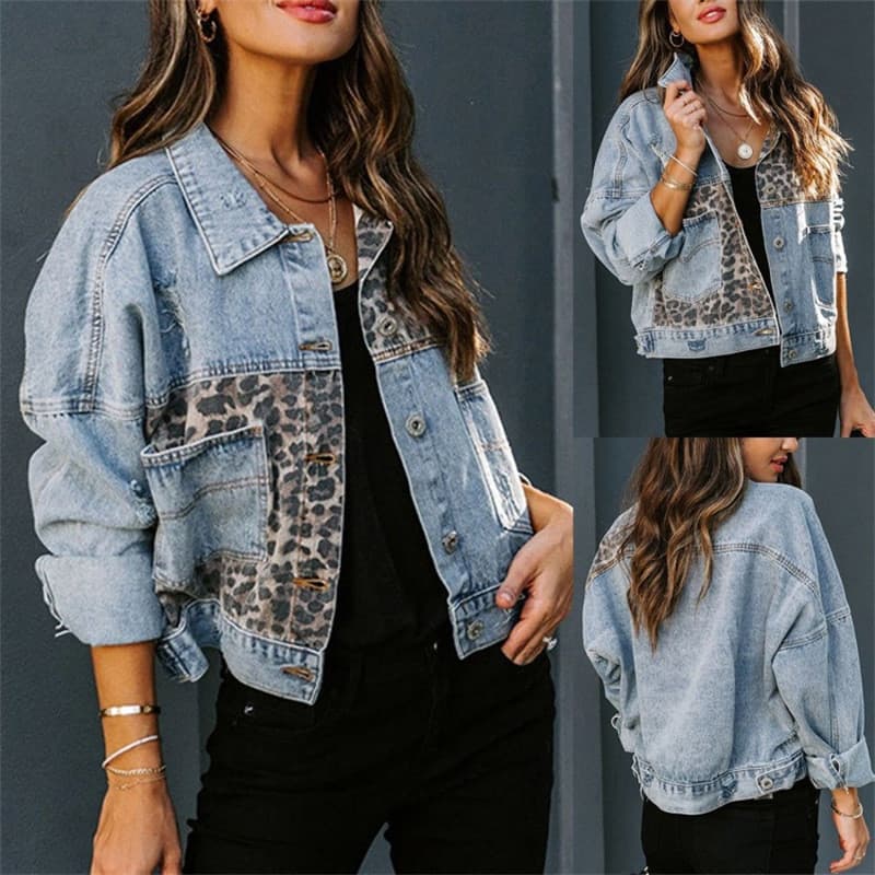 Cross-Border outono inverno denim jaqueta feminina de manga comprida independente em pé denim jaqueta feminina leopardo