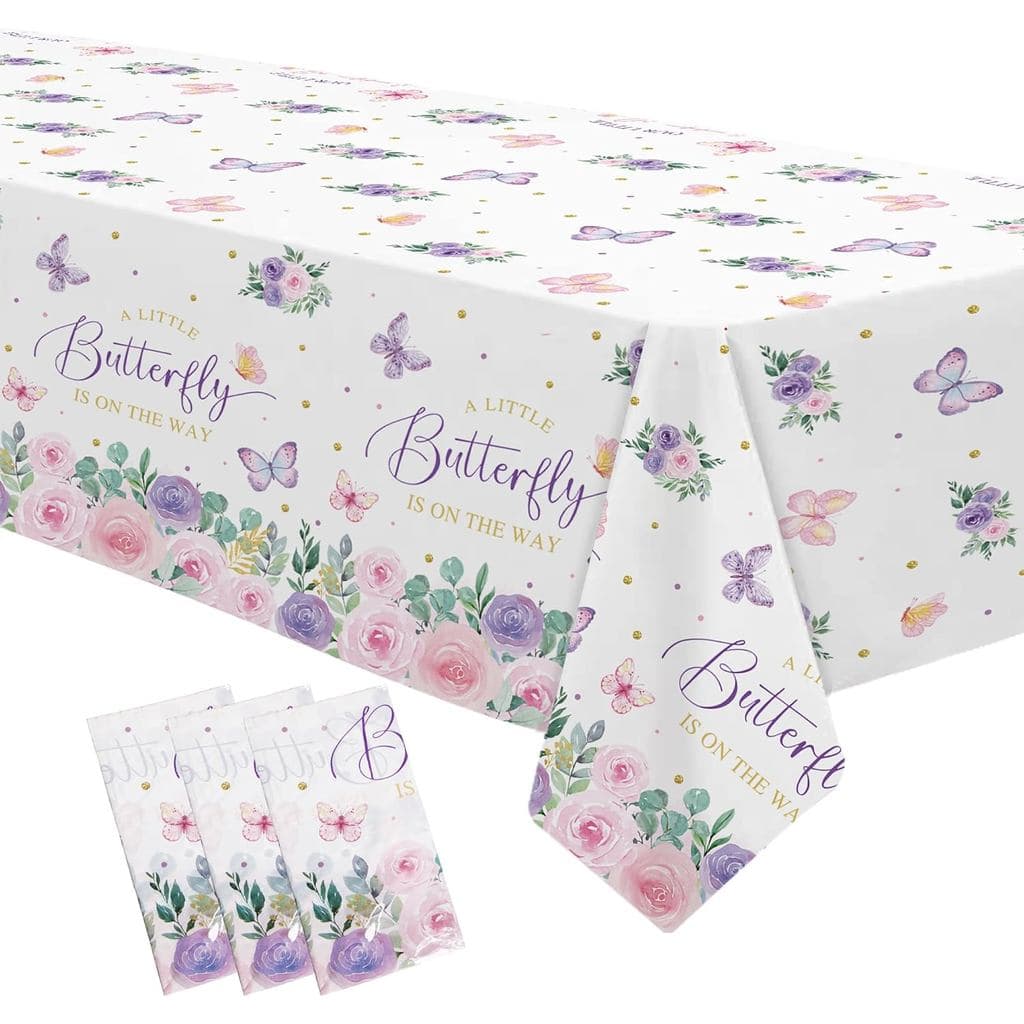 Toalha de Mesa para Decoração de Chá de Bebê com Borboletas, "Uma Pequena Borboleta Está a Caminho", Artigos para Festa