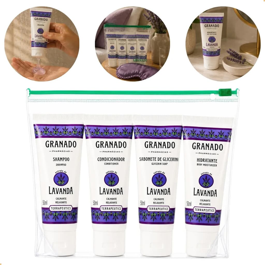 Kit Granado Lavanda Shampoo Condicionador Hidratante e Sabonete 4 Peças Viagem