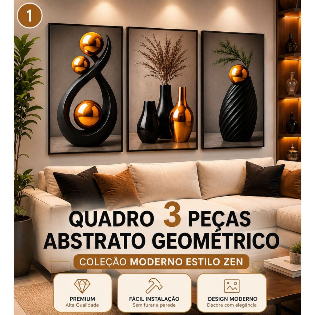 Quadro Decorativo 3 Peças Luxo Geométrico Minimalista Moderno