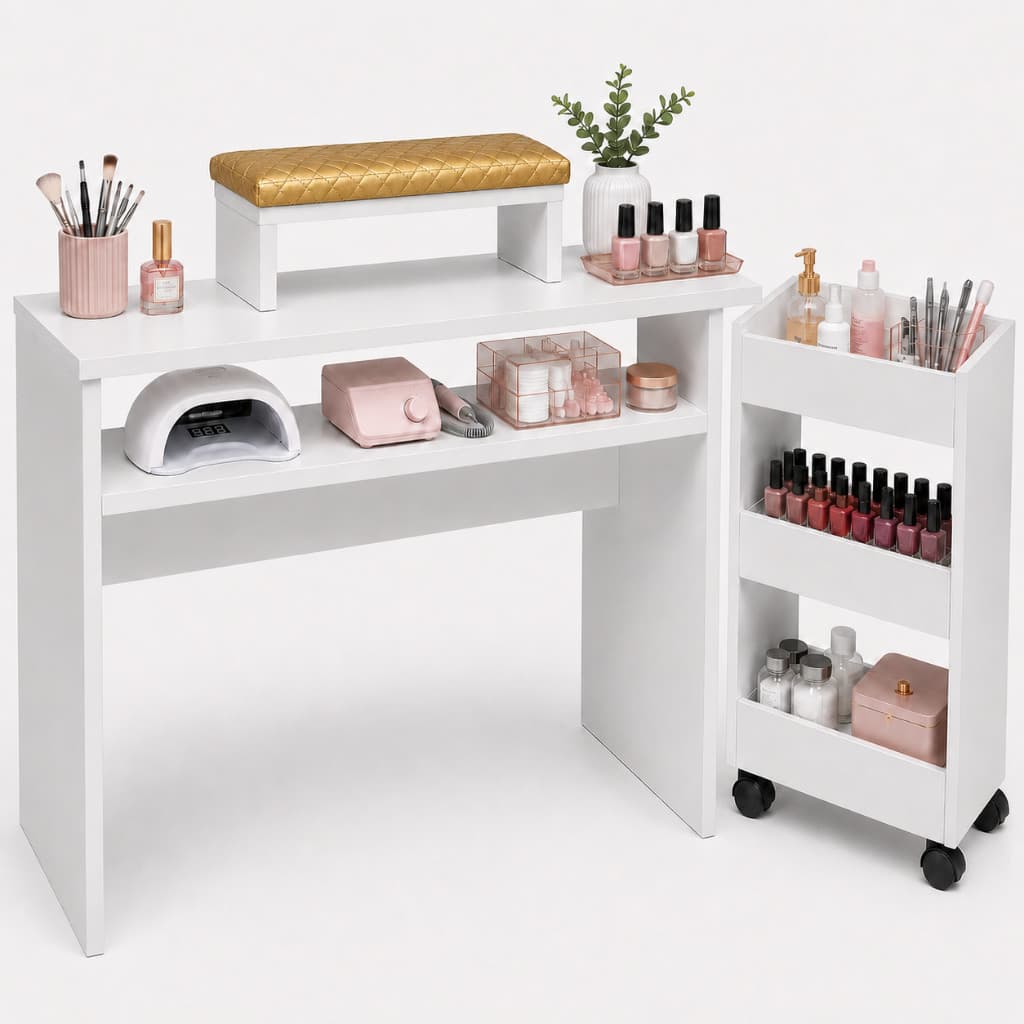 Kit Completo Manicure Mesa Carrinho Auxiliar e Apoio