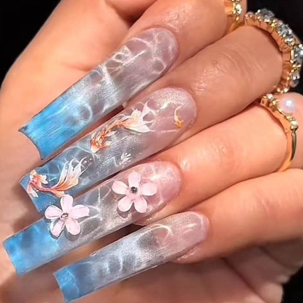 Prensa De Ponta De Unhas De Mármore De 24 Unidades Nas-Falsas Quadradas Longas Com Design De Flores De Peixe Dourado Acr