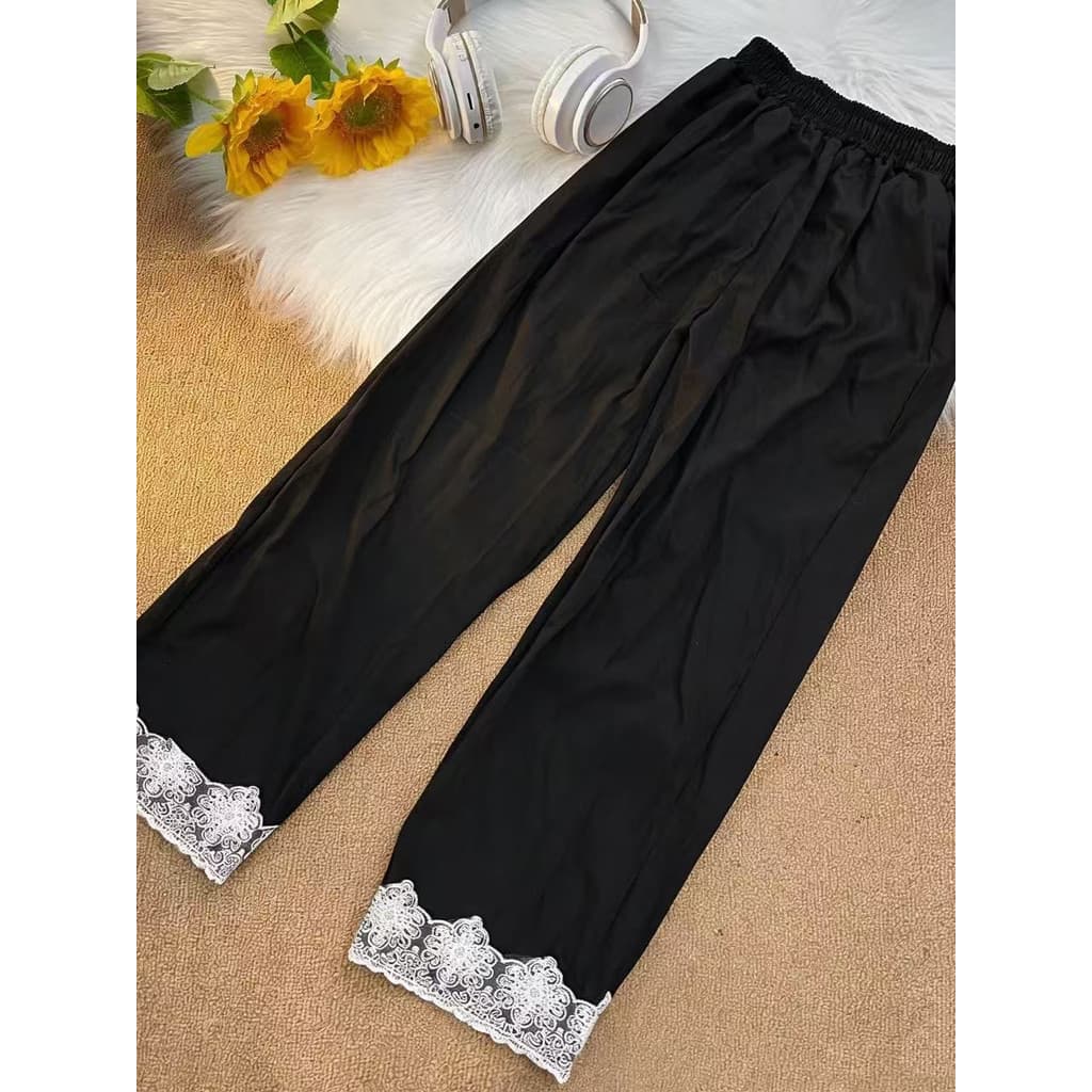 Coreano Retro renda costura calças de perna larga feminino verão moda All-Match cintura alta tornozelo-perna