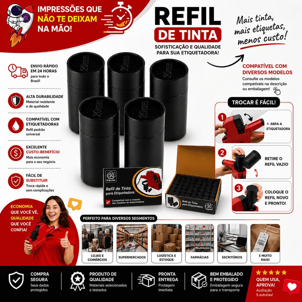 Kit 25 Refil de Tinta 20mm para Precificadora Manual Universal Etiquetadora de Preço