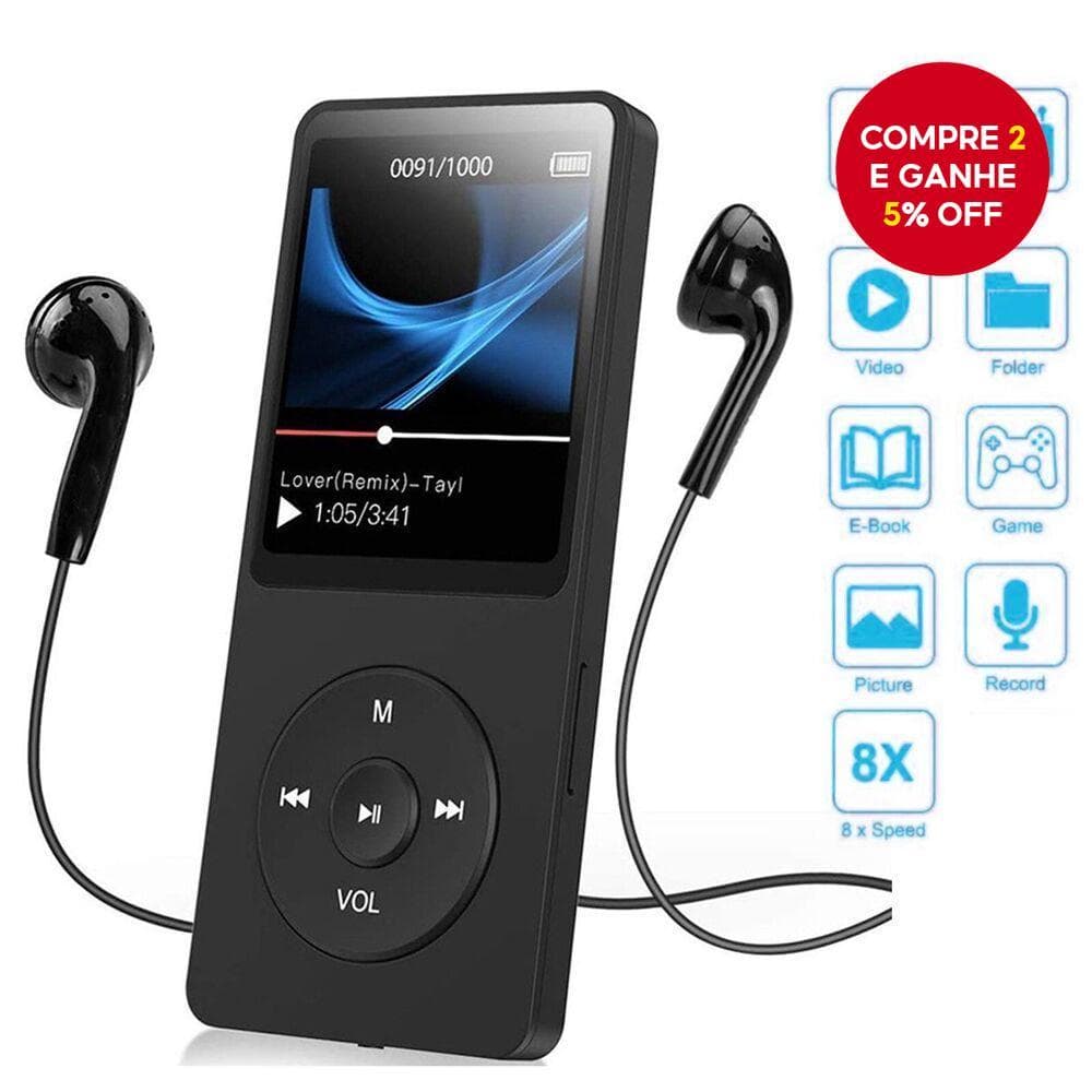 MP3 MP4 Player de Música Bluetooth HiFi Caixa de Som Esportiva Rádio FM Gravador de Voz para Cartão de Memória 128GB TF