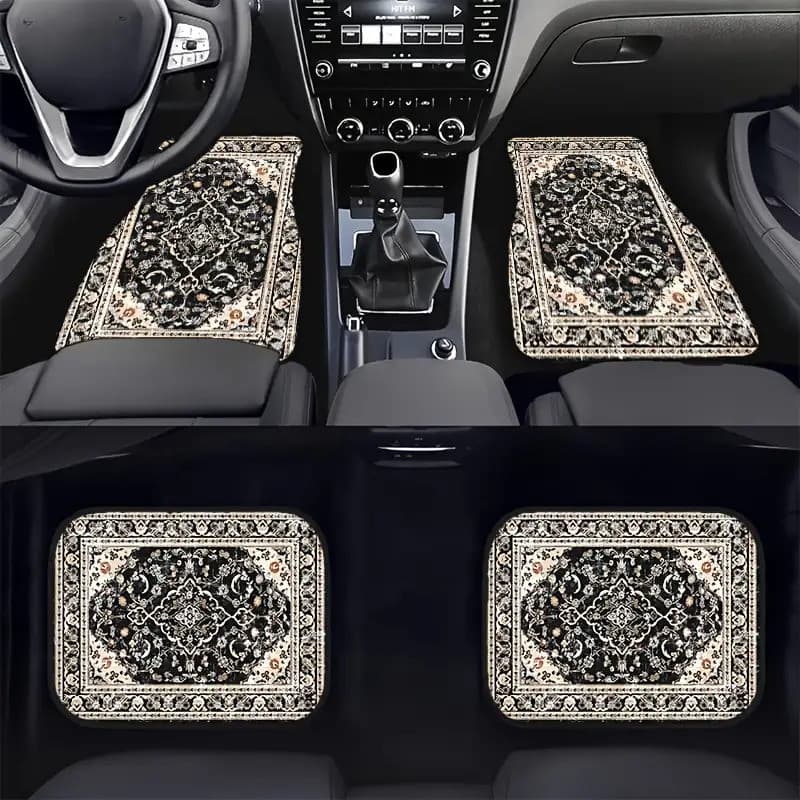 Conjunto de tapete preto para pés de carro estilo persa retrô (4 peças), Universal para quatro estações, adequado para c