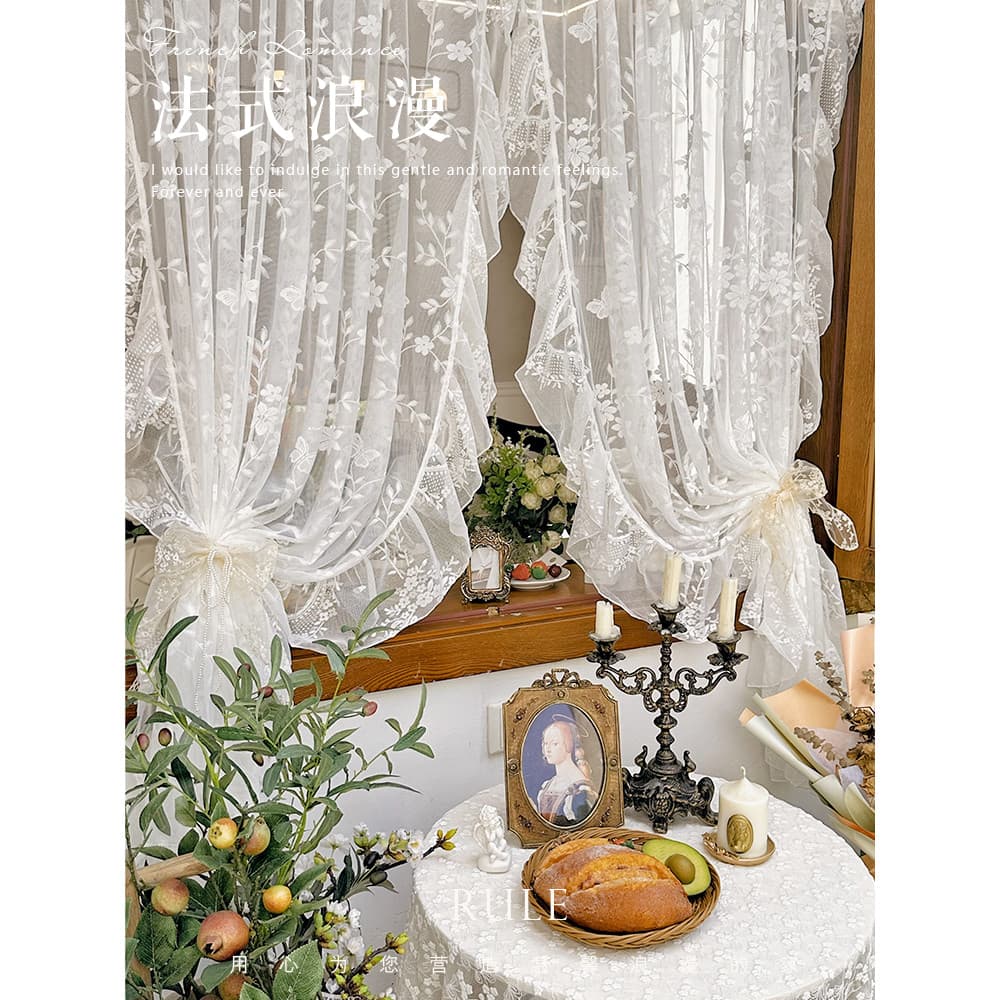 Cortina de renda branca estilo princesa francesa, ramo de borboleta, videira, cortina de gaze bordada, sala de estar, va