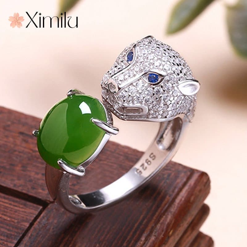 ⭐ Original cheio de diamante temperamento quente Natural verde Jade leopardo cabeça anel menina dominador rosa ouro jóia
