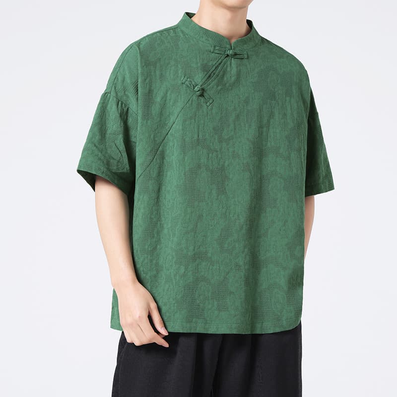 Novo estilo chinês de manga curta camiseta masculina verão estilo chinês Jacquard fivela gola alta melhorado Hanfu traje
