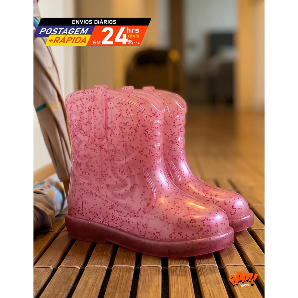 Galocha Infantil Texana Bota Borracha Injetada Glitter Rosa Preta Caramelo Nude Casual Estilo Boiadeira Oferta