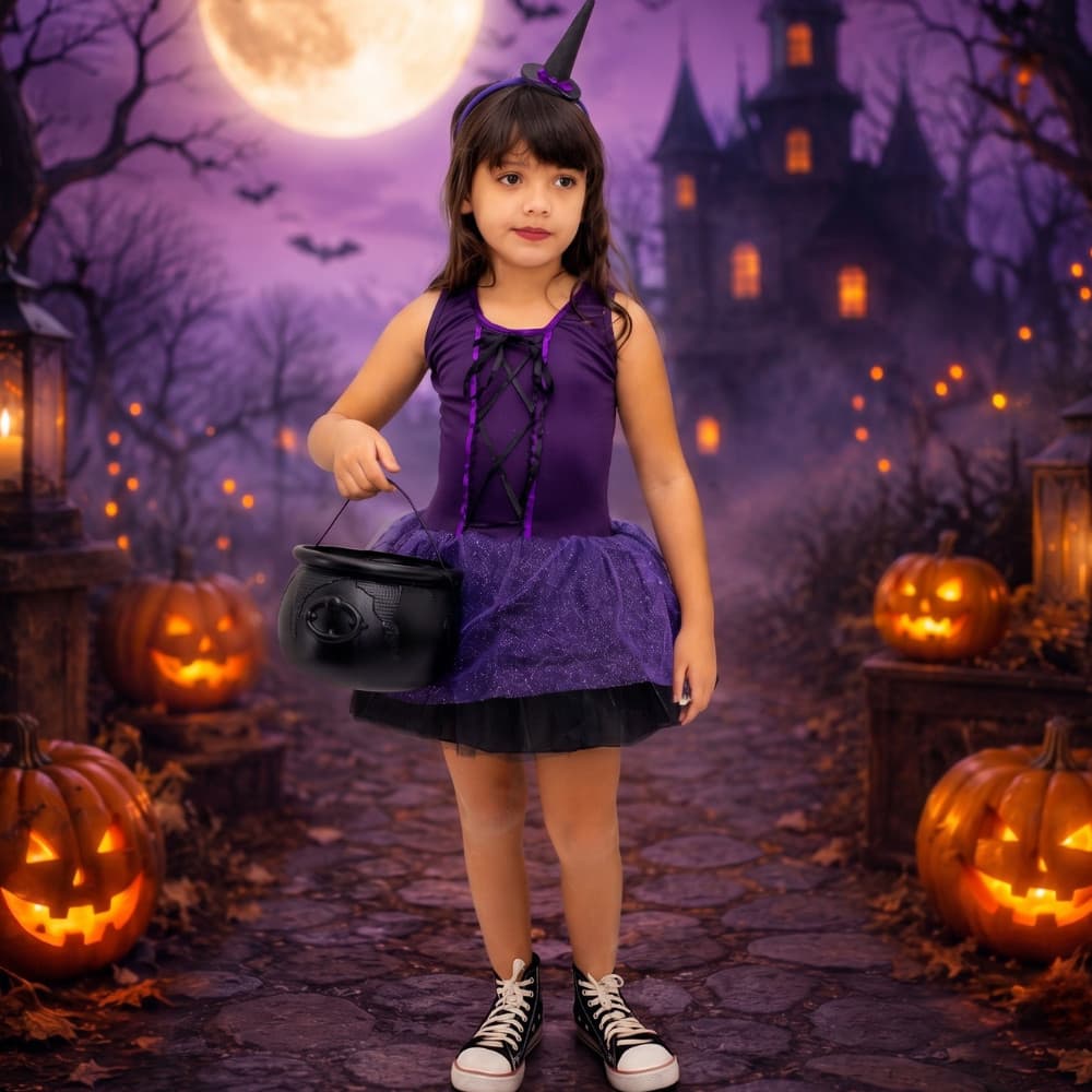 Fantasia Infantil Bruxa Roxa Halloween Com Mini Chapéu Tiara Festa Escolar 0073