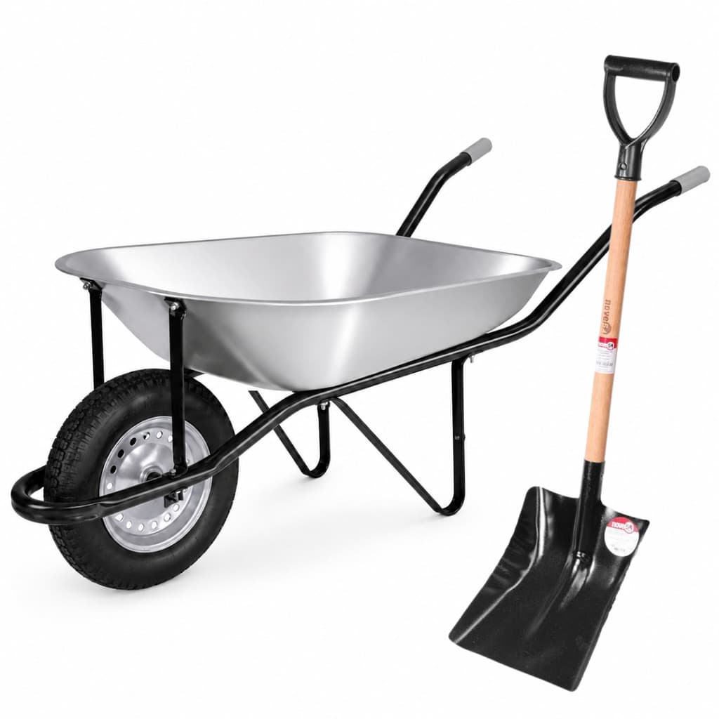Kit Carrinho de Mão Reforçado 65L Galvanizado Câmara + Pá Quadrada De Obra Pedreiro Construção