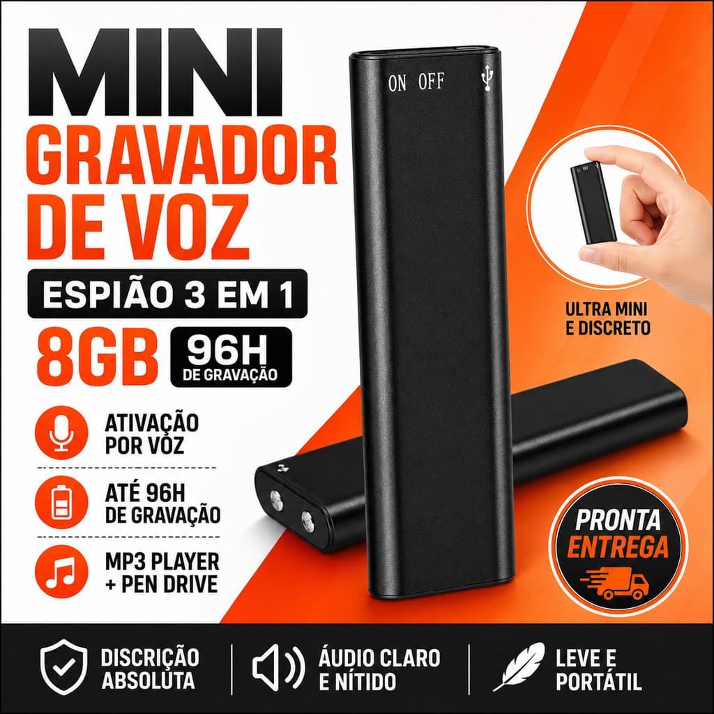 Mini Gravador De Voz Espiao Oculto Micro Escuta Carro 8GB Mp3 Ativacao Por Voz Profissional 96h